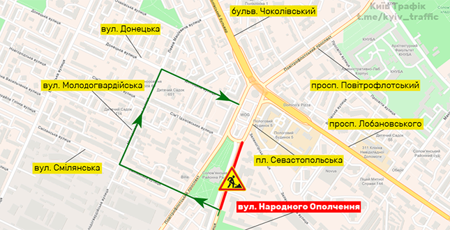 Щоночі проти 21 та 22 вересня на частині вул. Народного ополчення перекриватимуть рух транспорту